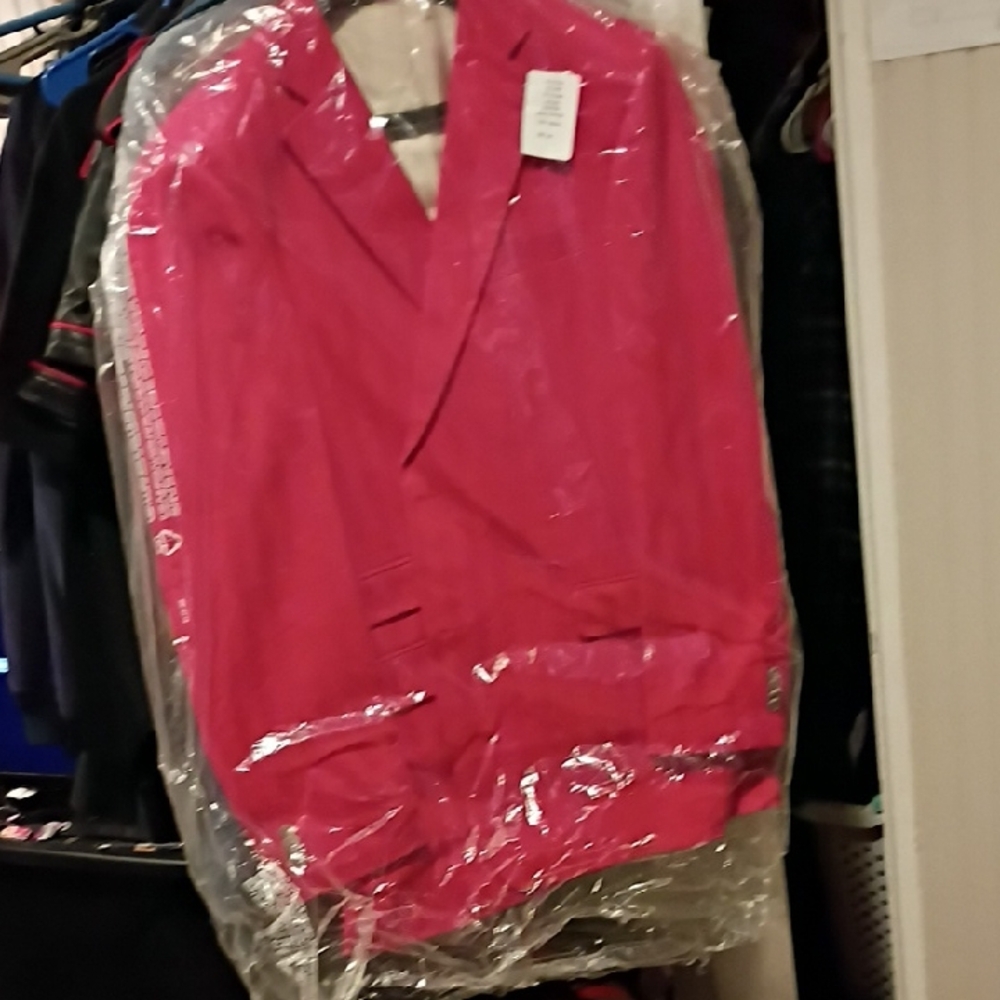 Paul Fredrick Red Double Breated Suit And Navy Blue Pants